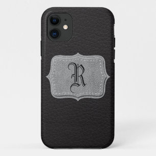 Retro Black Leather Personalized Monogram iPhone 11 Hoesje