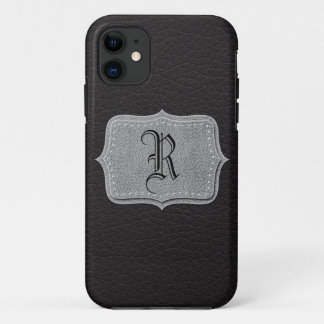 Retro Black Leather Personalized Monogram iPhone 11 Hoesje