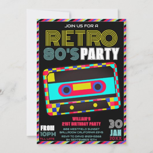 Retro Black Neon Cassette Tape 80s Birthday Party Kaart (Voorkant)
