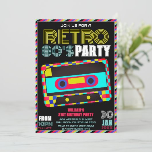 Retro Black Neon Cassette Tape 80s Birthday Party Kaart (Staand voorkant)