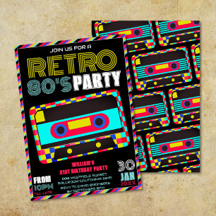 Retro Black Neon Cassette Tape 80s Birthday Party Kaart
