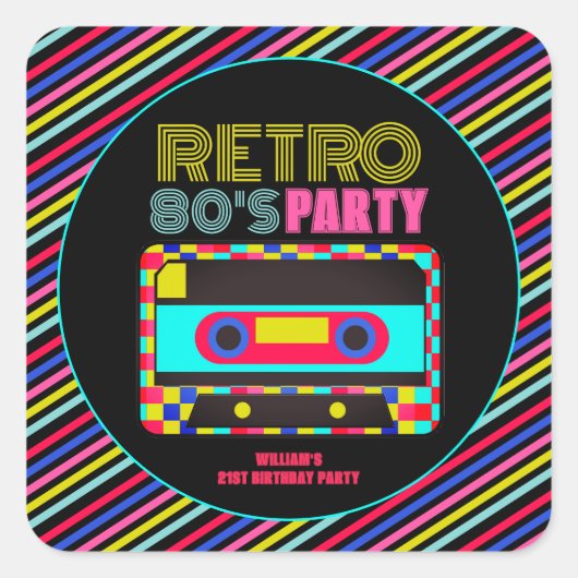 Retro Black Neon Cassette Tape 80s Birthday Party Vierkante Sticker (Voorkant)