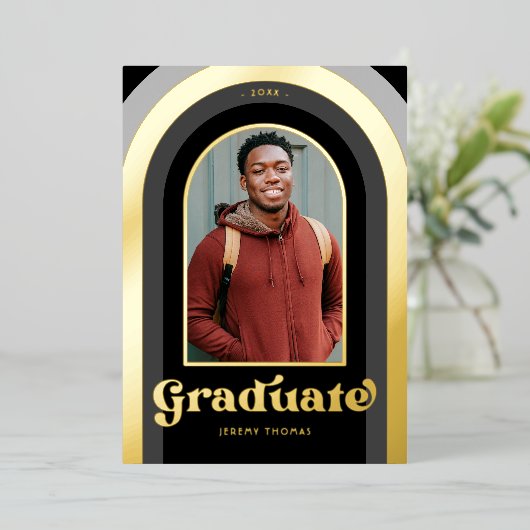 Retro Black Photo Graduparty Gold Folie Uitnodiging (Staand Voorkant)
