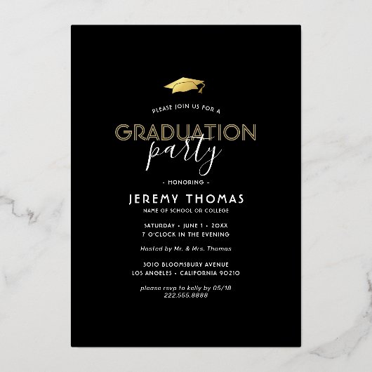 Retro Black Photo Graduparty Gold Folie Uitnodiging (Achterkant)