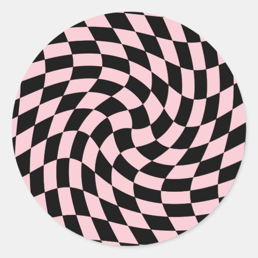 Retro Black Pink Pastel Warped Checkered Ronde Sticker (Voorkant)