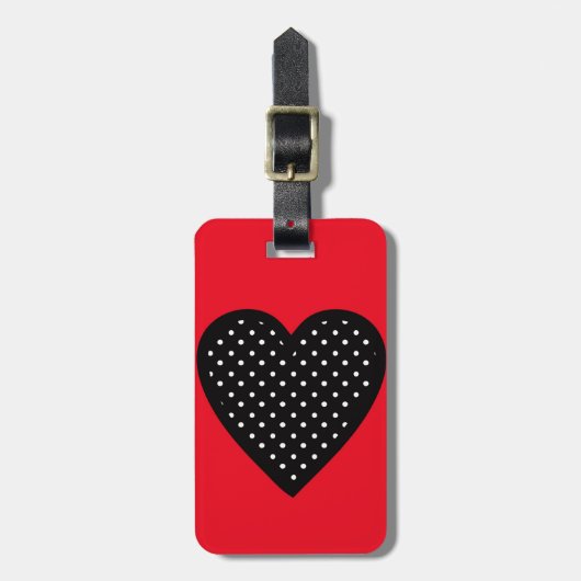 Retro Black Polka Dot Heart op rode achtergrond Bagagelabel (Voorkant verticaal)