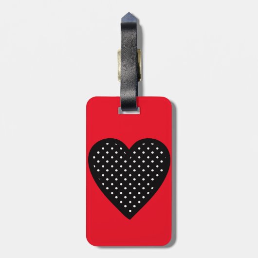 Retro Black Polka Dot Heart op rode achtergrond Bagagelabel (Achterkant verticaal)