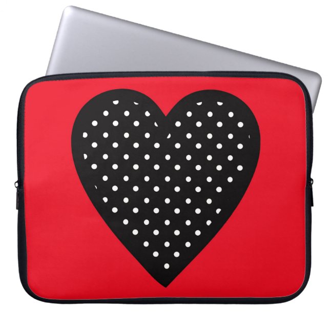 Retro Black Polka Dot Heart op rode achtergrond Laptop Sleeve (Voorkant)