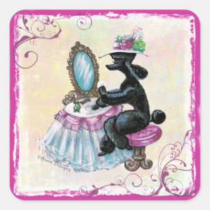 Retro Black Poodle in haar Boudoir Vierkante Sticker