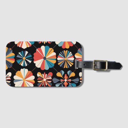 Retro Black Rainbow geometric Flowers Pattern  Bagagelabel (Voorkant (horizontaal))