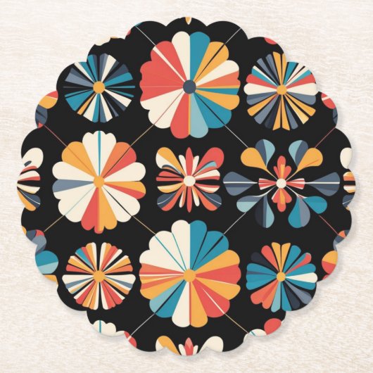 Retro Black Rainbow geometric Flowers Pattern  Kartonnen Onderzetters (Voorkant)