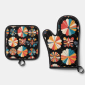 Retro Black Rainbow geometric Flowers Pattern  Ovenwant & Pannenlap Set (Voorkant)