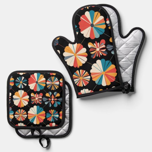 Retro Black Rainbow geometric Flowers Pattern  Ovenwant & Pannenlap Set (Voorkant / Achterkant)