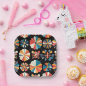 Retro Black Rainbow geometric Flowers Pattern Papieren Bordje (Feest)