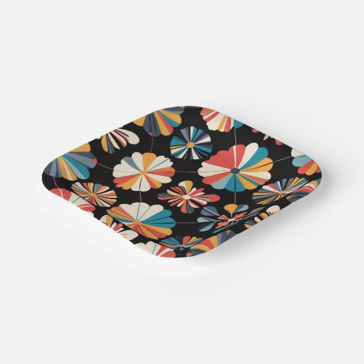 Retro Black Rainbow geometric Flowers Pattern  Papieren Bordje (Gebogen)