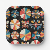 Retro Black Rainbow geometric Flowers Pattern Papieren Bordje (Voorkant)