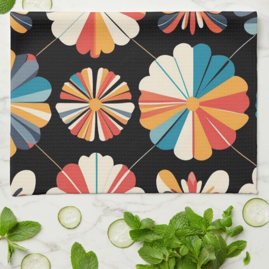 Retro Black Rainbow geometric Flowers Pattern  Theedoek (Gevouwen)