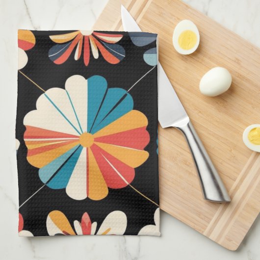 Retro Black Rainbow geometric Flowers Pattern  Theedoek (Quarter Fold)