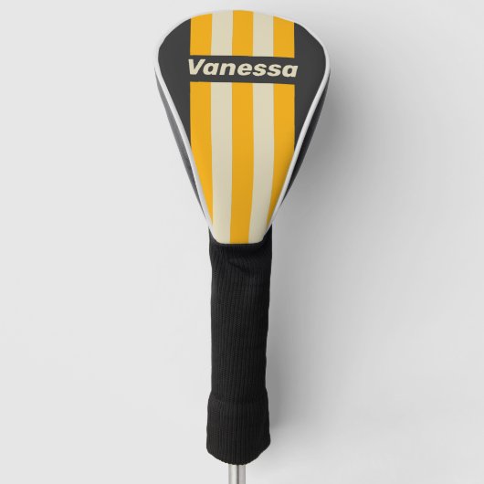 Retro Black Sun Pin Strepen met Naam Golfheadcover (Voorkant)