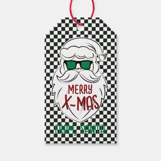 Retro Black White Checkered Santa Claus Christmas  Cadeaulabel (Voorkant)