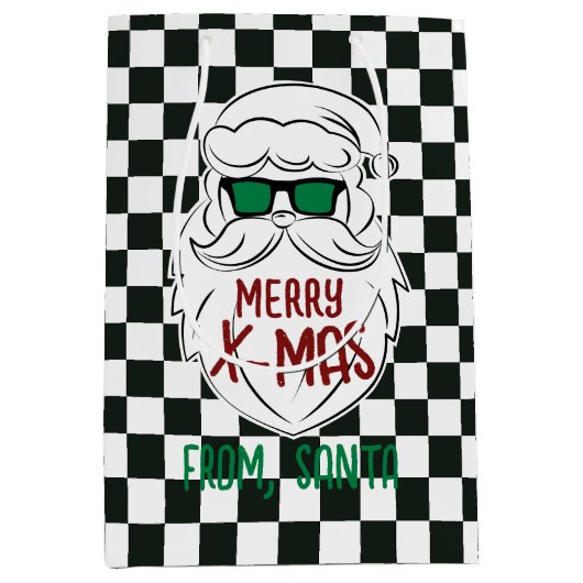 Retro Black White Checkered Santa Claus Christmas Medium Cadeauzakje (Voorkant)