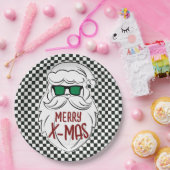Retro Black White Checkered Santa Claus Christmas Papieren Bordje (Feest)