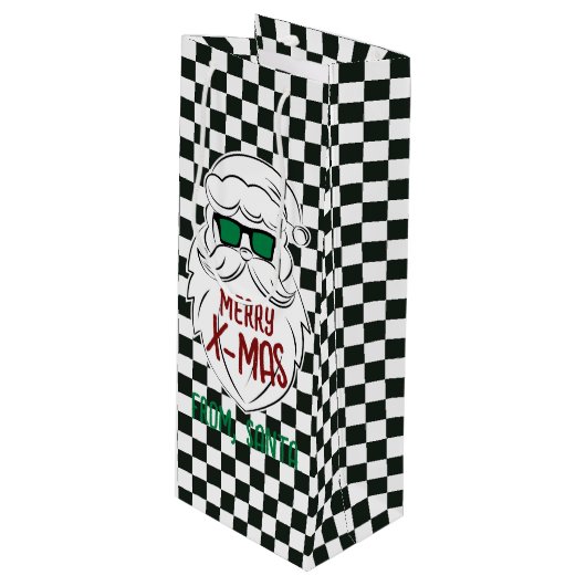 Retro Black White Checkered Santa Claus Christmas Wijn Cadeautas (Voorkant Gekanteld)