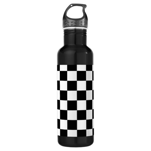 Retro Black/White Contrast Checkerboard Patroon Waterfles (Voorkant)