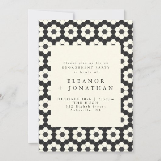 Retro Black White Geometric Tile Engagement Party Kaart (Voorkant)