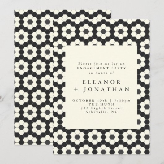 Retro Black White Geometric Tile Engagement Party Kaart (Voorkant / Achterkant)