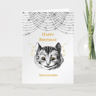 Retro Black White Gold Cheshire Cat Face Birthday Kaart