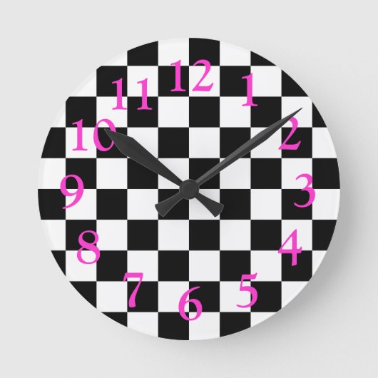 Retro Black/White/Hot Pink Checkerboard Patroon Ronde Klok (Voorkant)