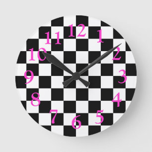 Retro Black/White/Hot Pink Checkerboard Patroon Ronde Klok