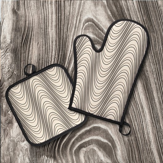 Retro Black & White Moiré Stripes, Trippy Abstract Ovenwant & Pannenlap Set