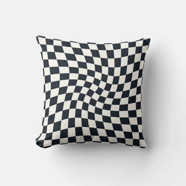 Retro Black White Pastel Warped Checkerboard Kussen (Voorkant)