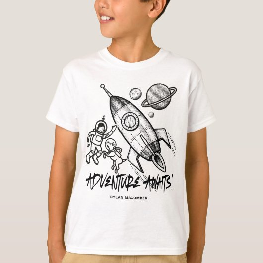 Retro Black White Space Travel Rocket Astronaut T-shirt (Voorkant)