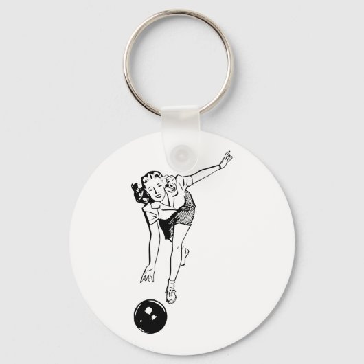 Retro  Black & White Ten Pin Bowling Woman Sleutelhanger (Voorkant)