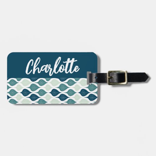 Retro Bladpatroon Blauw Groen Monogram Bagagelabel (Voorkant horizontaal)