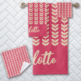 Retro bladpatroon vintage monogram roze bad handdoek