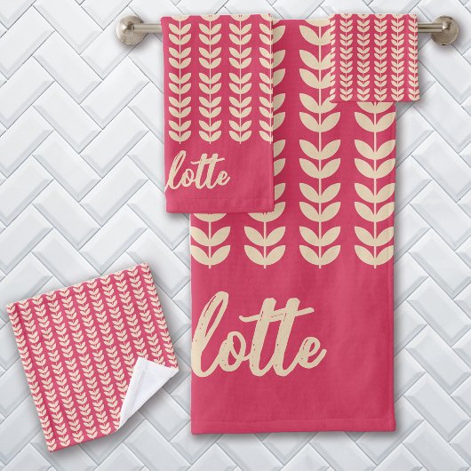 Retro bladpatroon vintage monogram roze bad handdoek