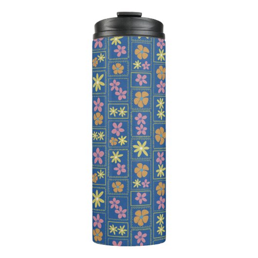 Retro Blau Patchwork Bloem Thermosbeker (Voorkant)