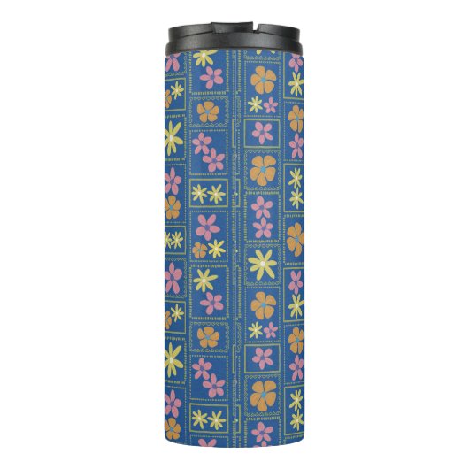 Retro Blau Patchwork Bloem Thermosbeker (Achterkant)