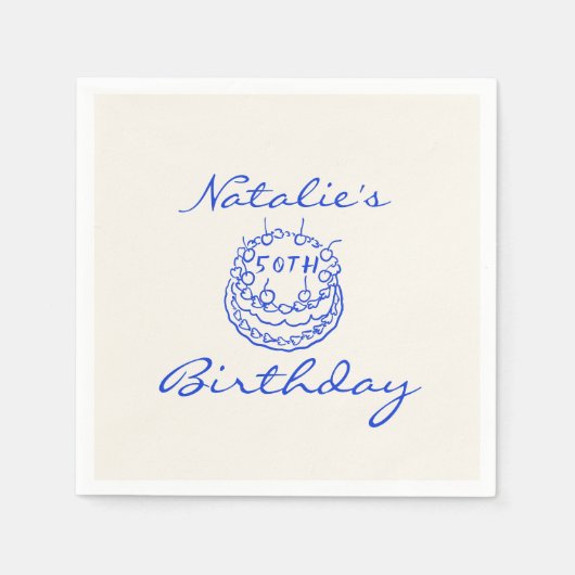 Retro Blauw 50e Hand getrokken Cake Milestone Verj Servet (Voorkant)