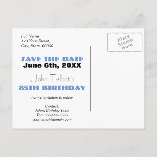 Retro Blauw 85e verjaardagsfeest Save the Date P Aankondigingskaart (Achterkant)
