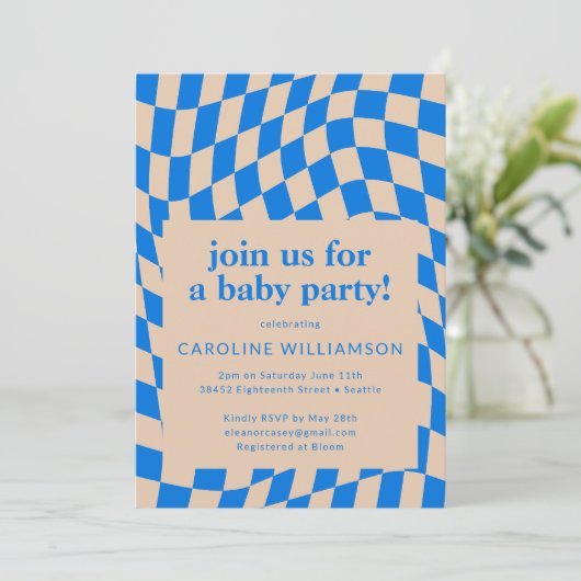 Retro Blauw Abstract Checkerboard Baby shower Kaart (Staand voorkant)
