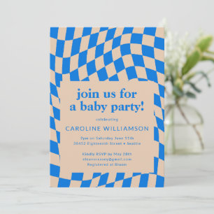 Retro Blauw Abstract Checkerboard Baby shower Kaart