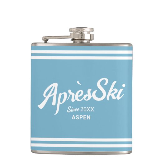 Retro Blauw Apres Ski Aangepast Skioord & Jaar Heupfles (Voorkant)