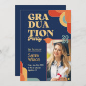 Retro Blauw & Beige Afstudeerfeest Uitnodiging (Voorkant / Achterkant)