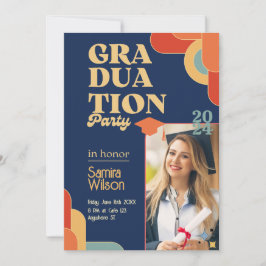 Retro Blauw & Beige Afstudeerfeest Uitnodiging