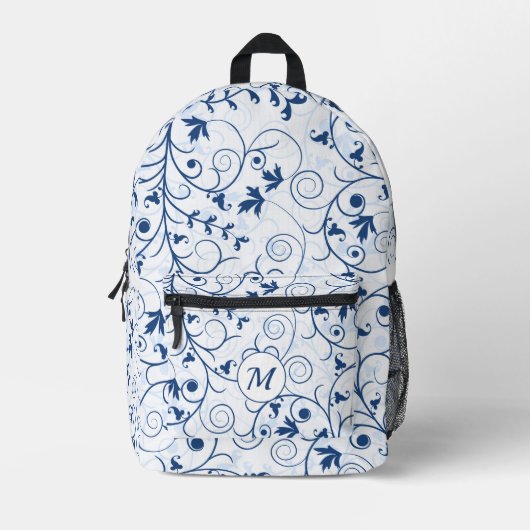 Retro blauw blad wervelpatroon monogram bedrukte rugzak (Voorkant)